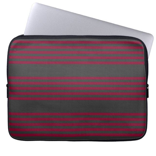 Burgundy red and charcoal five stripe pattern laptop sleeve (Front)