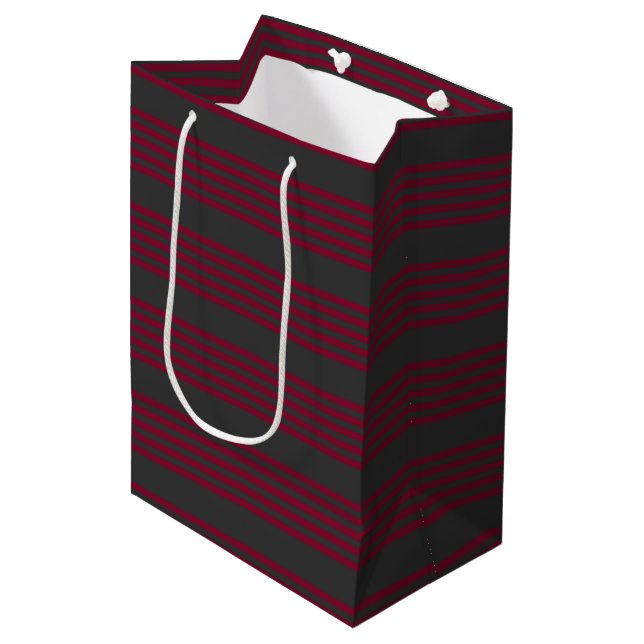 Burgundy red and charcoal five stripe pattern medium gift bag (Front Angled)