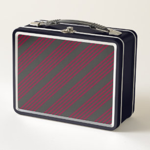 Burgundy red and charcoal five stripe pattern metal lunch box