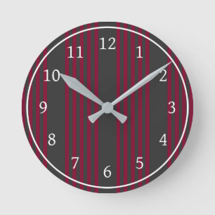 Burgundy red and charcoal five stripe pattern round clock