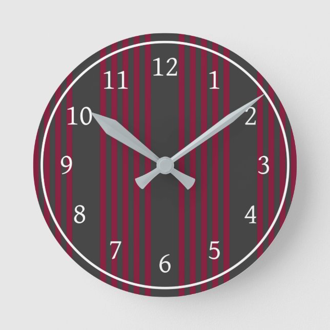 Burgundy red and charcoal five stripe pattern round clock (Front)