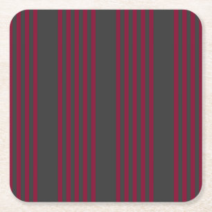 Burgundy red and charcoal five stripe pattern square paper coaster