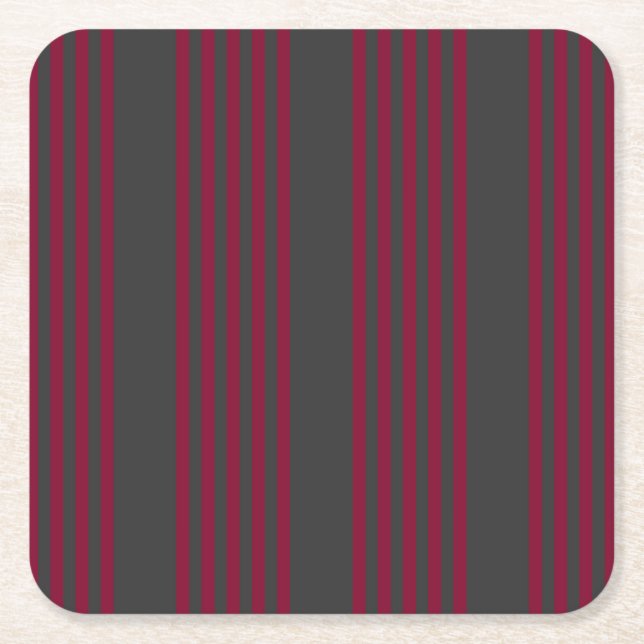 Burgundy red and charcoal five stripe pattern square paper coaster (Front)