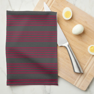 Burgundy red and charcoal five stripe pattern tea towel