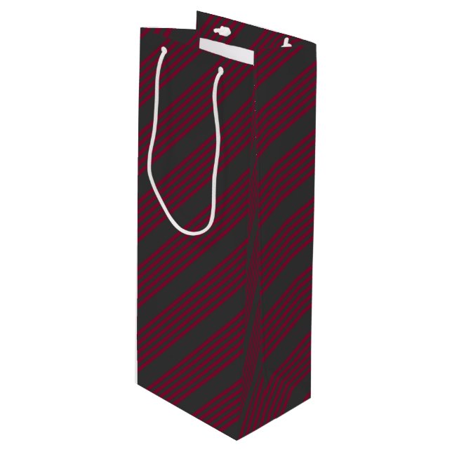 Burgundy red and charcoal five stripe pattern wine gift bag (Front Angled)