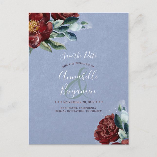 Burgundy Red and Dusty Blue Floral Save the Date Announcement Postcard (Front)