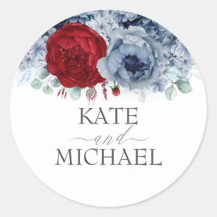 Burgundy Red and Dusty Blue Floral Wedding Classic Round Sticker