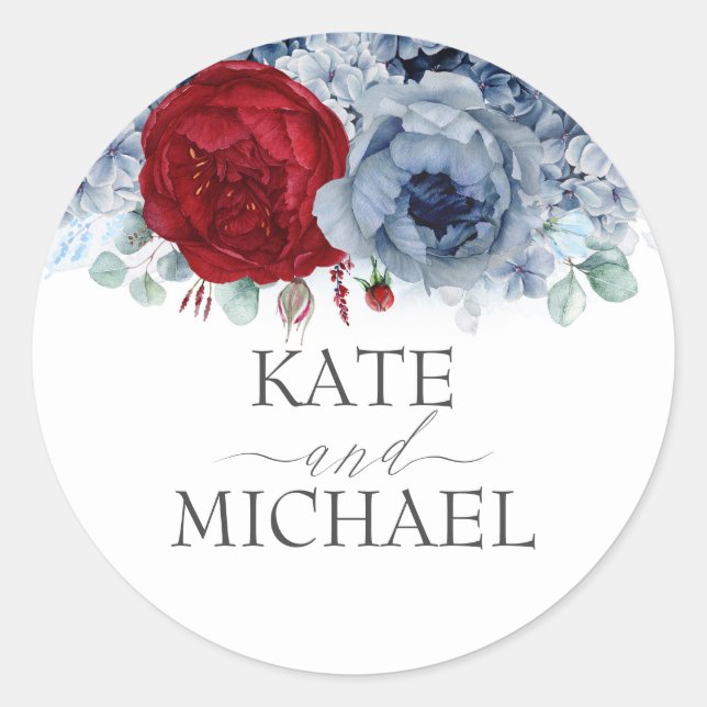 Burgundy Red and Dusty Blue Floral Wedding Classic Round Sticker (Front)