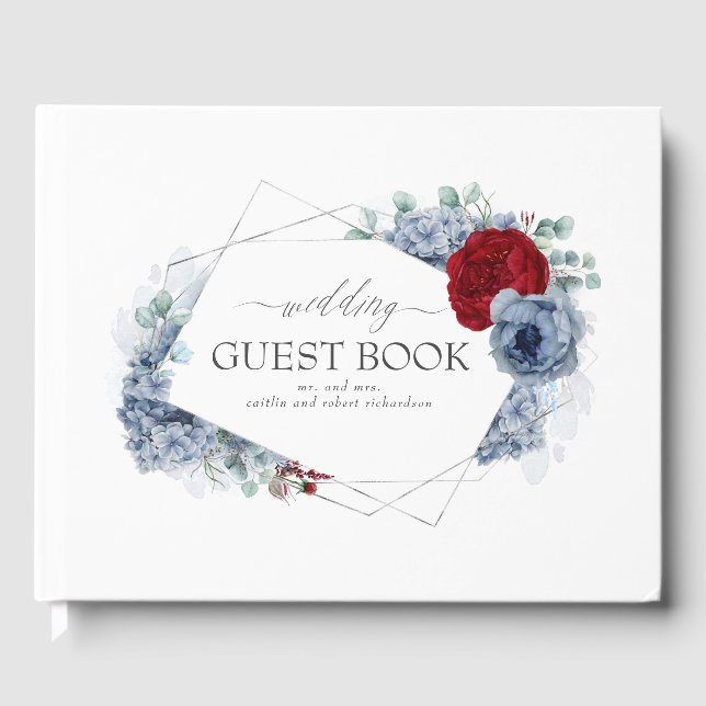 Burgundy Red and Dusty Blue Floral Wedding Guest Book (Front)