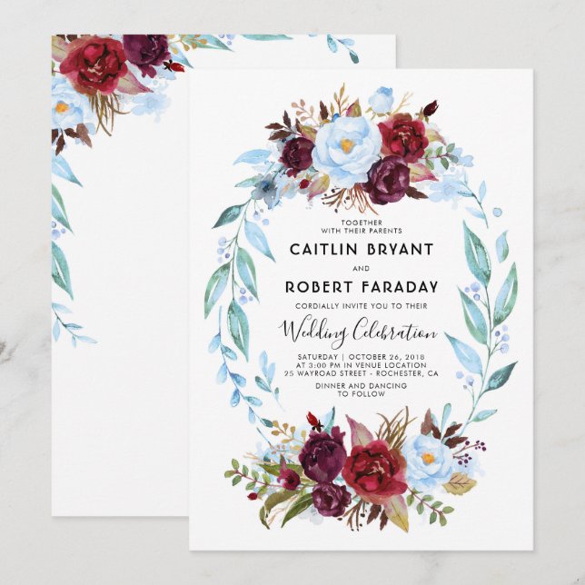 Burgundy Red and Dusty Blue Floral Wedding Invitation (Front/Back)