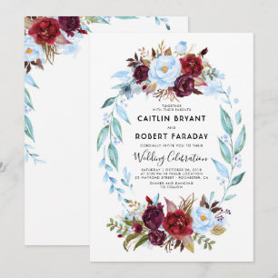 Burgundy Red and Dusty Blue Floral Wedding Invitation