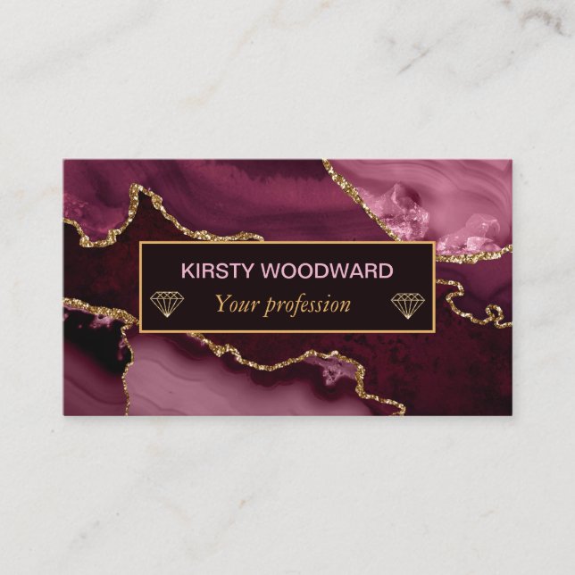Burgundy Red and Faux Gold Glitter Marble Agate Business Card (Front)