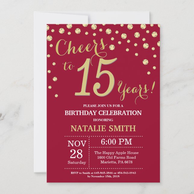 Burgundy Red and Gold 15th Birthday Diamond Invitation (Front)