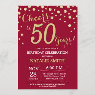 Burgundy Red and Gold 50th Birthday Diamond Invitation