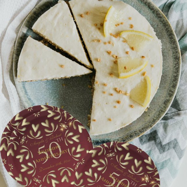 Burgundy Red And Gold 50th Wedding Anniversary Paper Plate (Creator Uploaded)