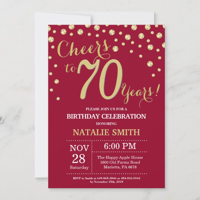 Burgundy Red and Gold 70th Birthday Diamond Invitation (Front)