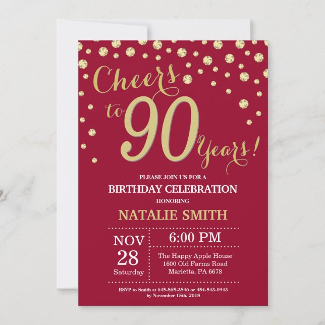 Burgundy Red and Gold 90th Birthday Diamond Invitation (Front)