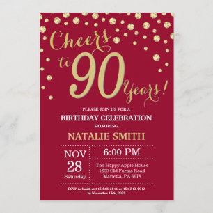 Burgundy Red and Gold 90th Birthday Diamond Invitation