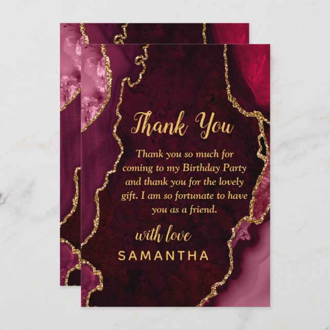 Burgundy Red and Gold Agate Birthday Party Thank You Card (Front/Back)