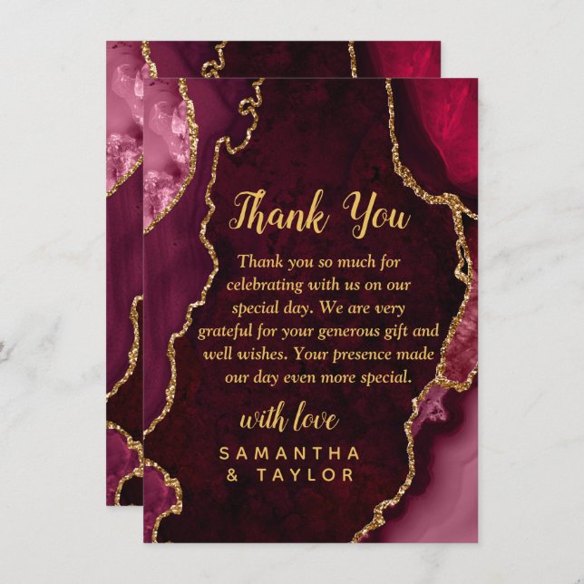 Burgundy Red and Gold Agate Marble Wedding Thank You Card (Front/Back)