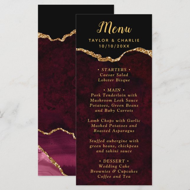 Burgundy Red and Gold Agate Wedding Menu (Front/Back)