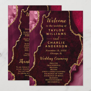 Burgundy Red and Gold Agate Wedding Program Programme