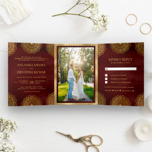 Burgundy Red and Gold Asian Mandala Indian Wedding Tri-Fold Invitation