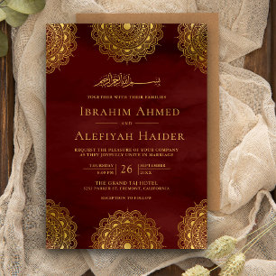 Burgundy Red and Gold Asian Motif Muslim Wedding Invitation