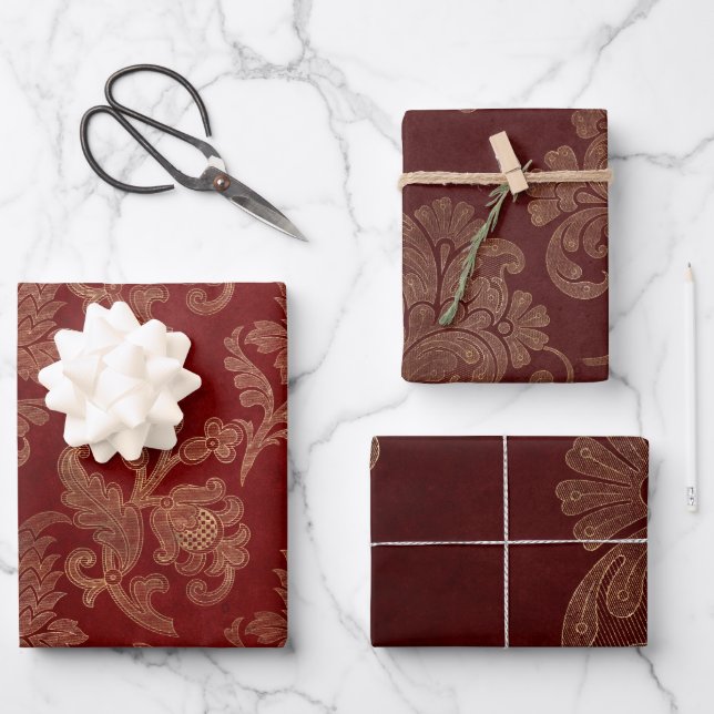 Burgundy Red and Gold Damask Christmas Wrapping Paper Sheet (Front)
