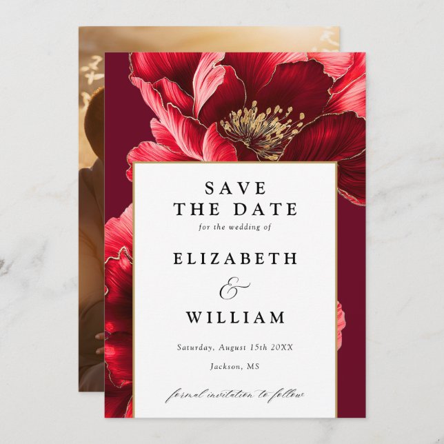 Burgundy Red And Gold Elegant Floral Photo Wedding Save The Date (Front/Back)