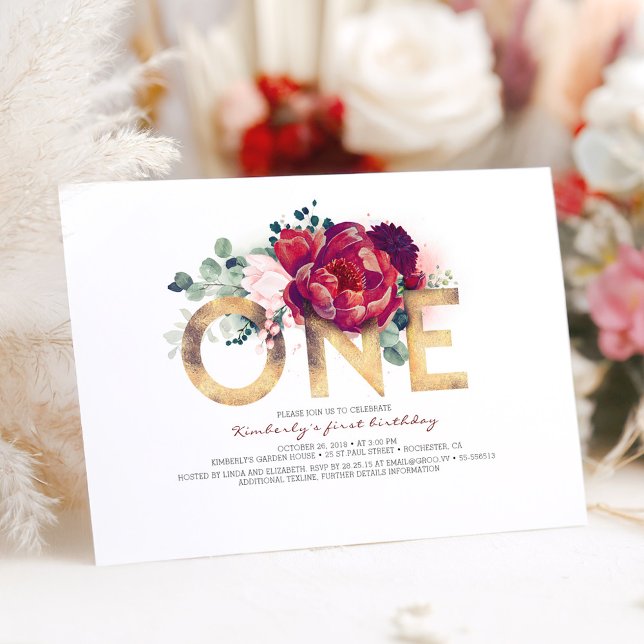 Burgundy Red and Gold Floral 1st Birthday Invitation (Floral 1st Birthday Invitation)