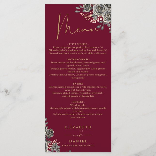 Burgundy Red And Gold Floral Gothic Wedding Dinner Menu (Front)