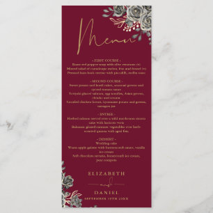 Burgundy Red And Gold Floral Gothic Wedding Dinner Menu
