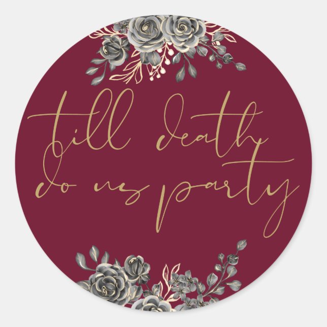 Burgundy Red And Gold Floral Gothic Wedding Favour Classic Round Sticker (Front)
