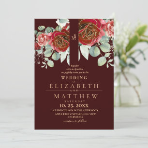 Burgundy Red and Gold Floral Modern Boho Wedding Invitation