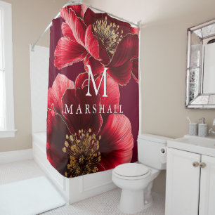 Burgundy Red And Gold Floral Monogram Elegant Shower Curtain