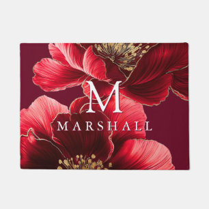 Burgundy Red And Gold Floral Monogram Family Name Doormat