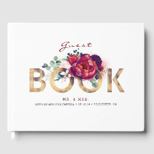 Burgundy Red and Gold Floral Wedding Guest Book