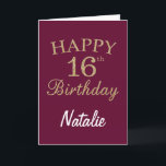 Burgundy Red and Gold Glitter 16th Birthday Card<br><div class="desc">Burgundy Red and Gold Glitter 16th Birthday Card with personalised name. For further customisation,  please click the "Customise it" button and use our design tool to modify this template.</div>