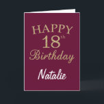 Burgundy Red and Gold Glitter 18th Birthday Card<br><div class="desc">Burgundy Red and Gold Glitter 18th Birthday Card with personalised name. For further customisation,  please click the "Customise it" button and use our design tool to modify this template.</div>