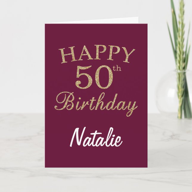 Burgundy Red and Gold Glitter 50th Birthday Card (Front)