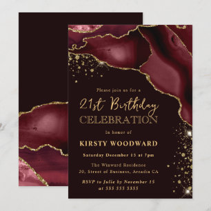 Burgundy Red and Gold Glitter Agate 21st Birthday Invitation