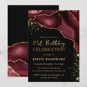 Burgundy Red and Gold Glitter Agate 21st Birthday Invitation