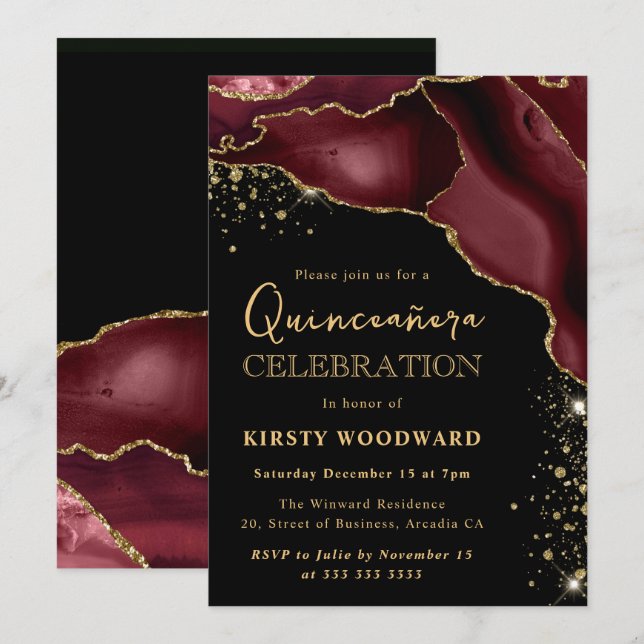 Burgundy Red and Gold Glitter Agate Quinceanera Invitation (Front/Back)
