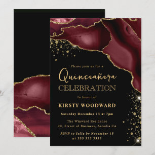 Burgundy Red and Gold Glitter Agate Quinceanera Invitation
