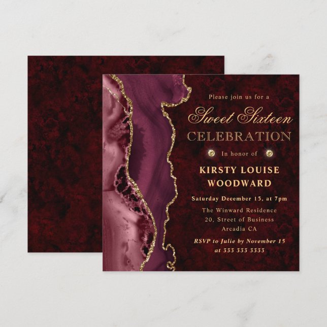 Burgundy Red and Gold Glitter Agate Sweet Sixteen Invitation (Front/Back)