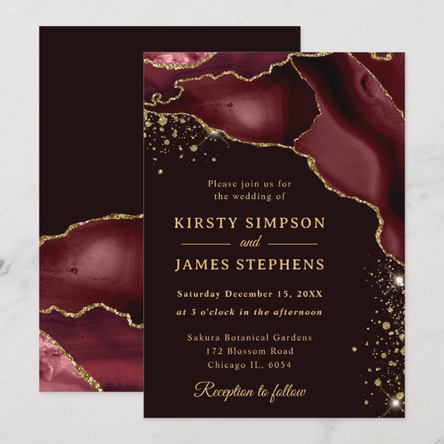 Burgundy Red and Gold Glitter Agate Wedding Invitation (Front/Back)