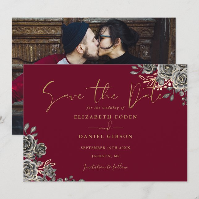 Burgundy Red And Gold Gothic Floral Photo Wedding Save The Date (Front/Back)