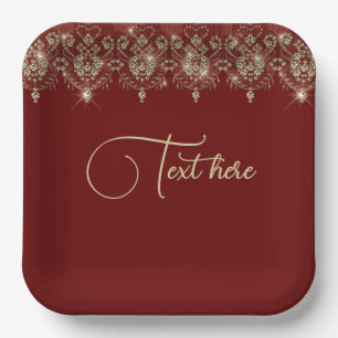 Burgundy red and gold lace elegant sparkle  paper plate