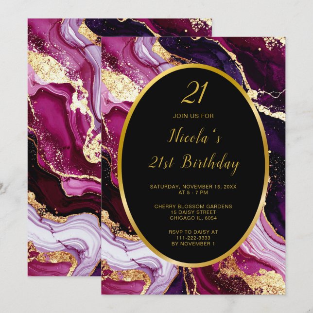 Burgundy Red and Gold Marble Agate Birthday Party Invitation (Front/Back)